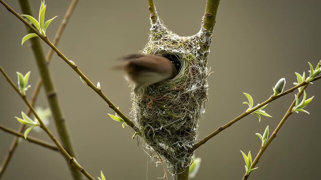 Penduline Tit Building Nest - A Springtime Wildlife Scene.