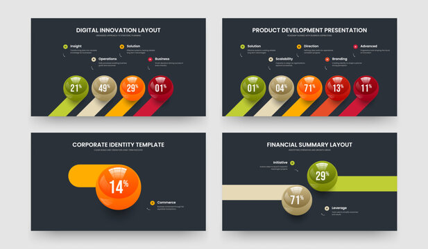 Company Portfolio Four Five One Two Option Graph Slide Design Vector Illustration Collection. Advertising Briefing 4 5 1 2 Step Infographic Frame Layout Bundle.