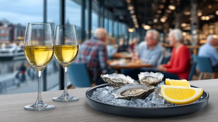 Fototapeta premium Two glasses of sparkling wine are placed next to a tray of oysters in a bustling restaurant setting.