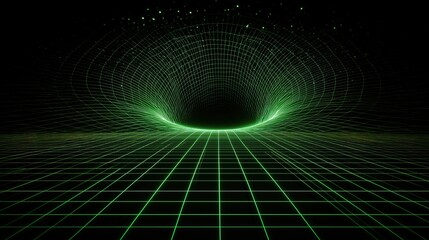 Fototapeta premium Wormhole portal emerging from glowing green grid lines on black background. Abstract tunnel of light and energy for futuristic tech and science visuals.
