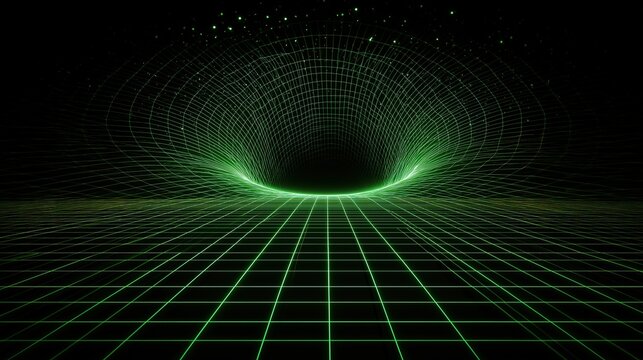 Wormhole portal emerging from glowing green grid lines on black background. Abstract tunnel of light and energy for futuristic tech and science visuals.