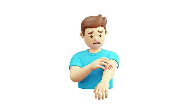 3D Cartoon Man Scratching Itchy Arm with Red Marks