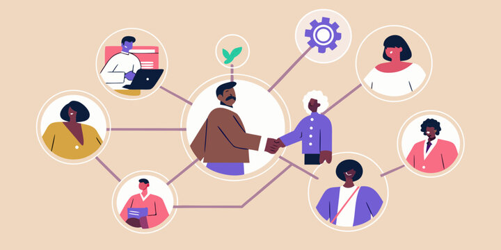 Diverse group of people connected by lines forming a network illustration