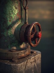Old Rusty Industrial Valve and Electric Motor with Red Handwheel