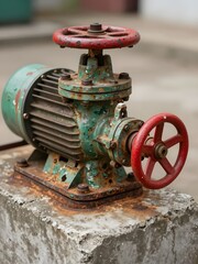 Old Rusty Industrial Valve and Electric Motor with Red Handwheel