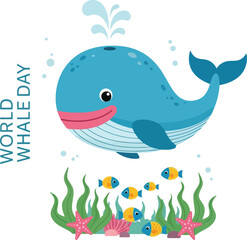 Fototapeta premium Celebrating World Whale Day with Colorful Cartoon Whale and Marine Life Illustrations
