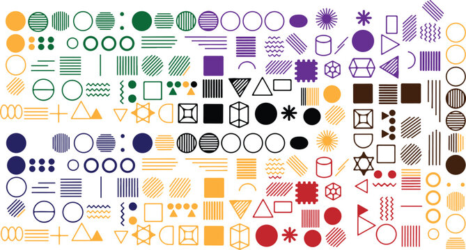 Colorful Geometric Shapes Grid &ndash; Circles, Squares, Triangles, Stars, Hexagons, Polygons in Vibrant Patterns for Abstract Backgrounds, Cognitive Testing, and Visual Classification