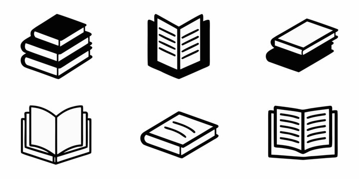 Black and white icons depicting various open and closed books
