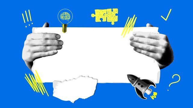Pop art banner with halftone hands holding sheet of paper. Animated collage with rocket, puzzle, light bulb. Business startup concept. Creating ideas. Background with copy space