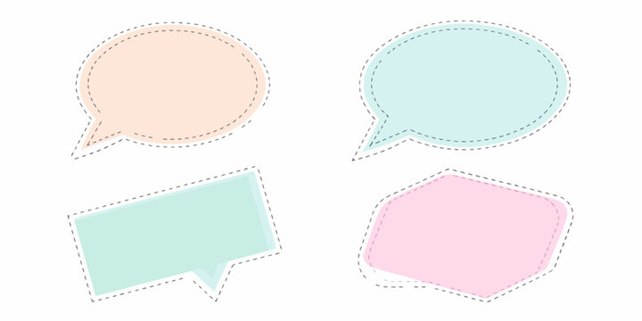 Four pastel speech bubbles and text boxes with dashed borders