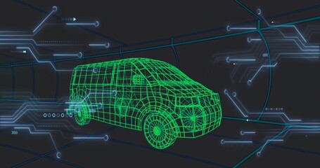 Fototapeta premium Gliding green wireframe mid-size van moving through virtual tunnel, with wheels and cyan circuits