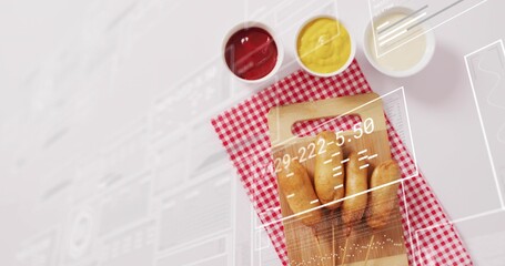 Displaying wood board holding four rolls on white table with gingham cloth, sauces, overlays © vectorfusionart