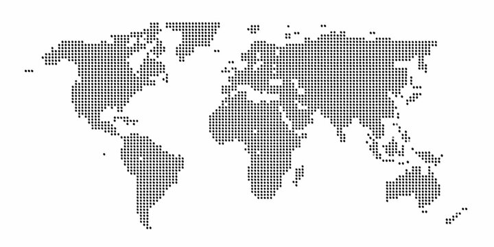 Pixelated world map illustration showcasing global geography in a minimalist style