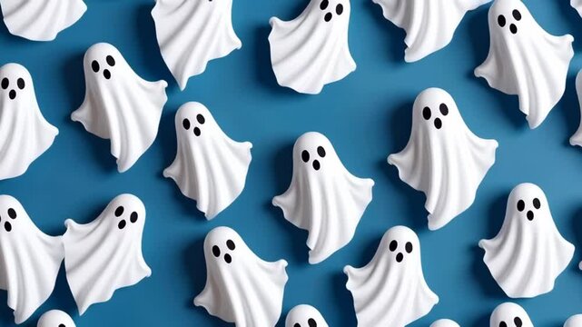 Pattern of cute white cartoon ghosts with black eyes on a blue background