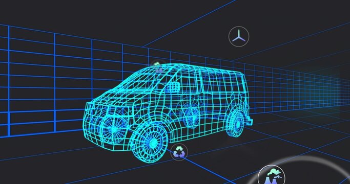 Rotating wireframe van centered in virtual 3D space, with glowing grid floor and floating icons