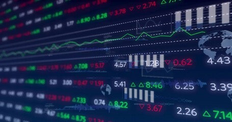 Fototapeta premium Displaying digital market tickers on trading desk monitor, showing green line chart and red arrows