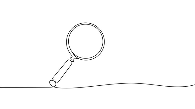 Minimalist continuous line drawing of a magnifying glass on a white background