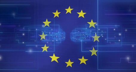 Circling twelve yellow five-pointed stars forming ring over blue network field, glowing data nodes