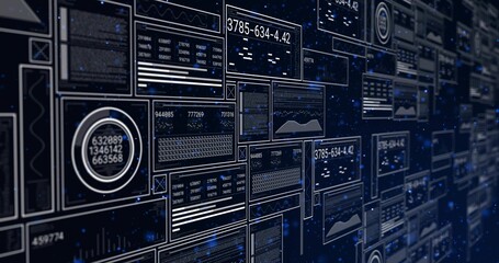 Floating illuminated dashboard panels receding right in control wall, with line charts and gauges
