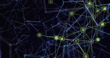 Forming green hex nodes linking in dark network with blue-purple grid, with pound globe chart icons