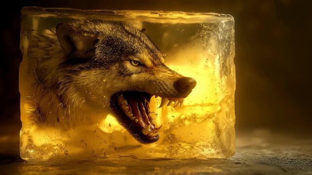 Fierce Wolf Head Encased in Translucent Ice Block with Golden Light Creating Dramatic Contrast and Intense Expression