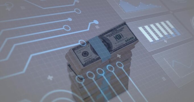 On frame start, USD stack blue-strap being overlaid by pulsing fintech HUD suggesting data flow