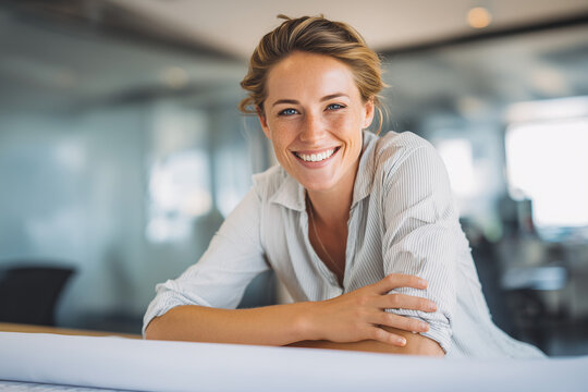 Portrait of happy businesswoman leaning on a table in office looking at camera