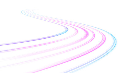 Curved glowing lines simulate high-speed car lights on dark streets. Neon streaks and motion blur create futuristic urban flow. Perfect PNG for tech or cyber designs.
