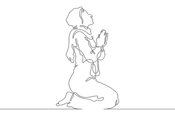 Obraz premium Continuous single line drawing woman praying. Beautiful woman praying on her knees. Faith. Religion. Linear.One continuous line isolated minimalist illustration. Not AI.