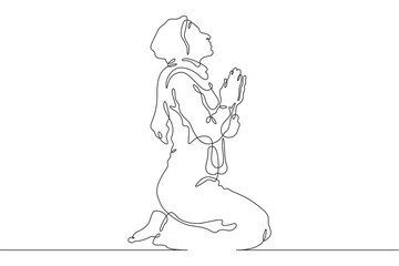 Obraz premium Continuous single line drawing woman praying. Beautiful woman praying on her knees. Faith. Religion. Linear.One continuous line isolated minimalist illustration. Not AI.