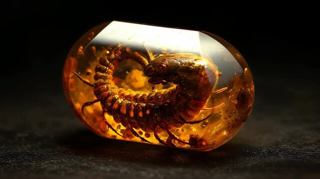 Intricate Amber Fossil Encasing Prehistoric Insect with Detailed Features and Vibrant Hue Against Dark Textured Background