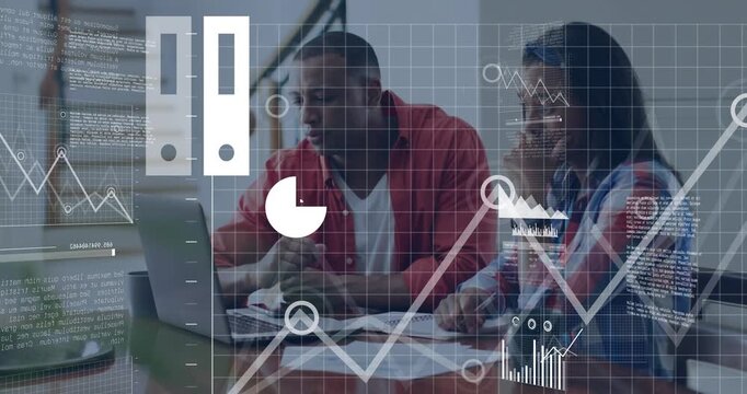 Couple working at home table reviewing budget, data overlays appearing on laptop guiding decisions