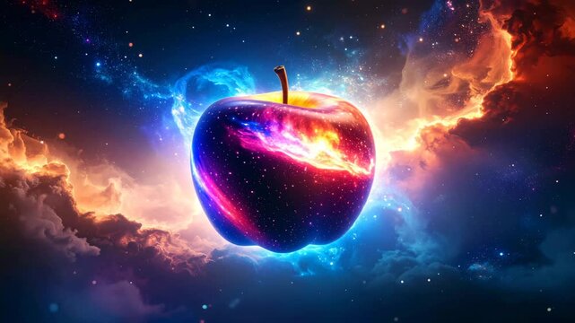Glowing cosmic apple floating in space, infused with swirling galaxies and nebula light, set between fiery red and cool blue cosmic clouds for a mystical, surreal contrast