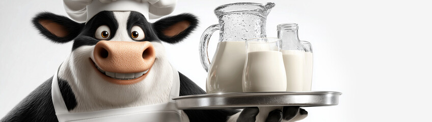 Portrait of a Cute Smiling Chef Cow Holding a Tray of Fresh Milk in a Bottle, a Glass and a Glass Carafe, Isolated on White Background with Copy Space. Healthy Eating Concept. Generative Ai.