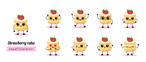 Fototapeta premium Kawaii Strawberry Cake Characters Cute Dessert Illustration Set