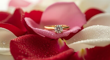 A gold diamond ring on rose petals with dew drops