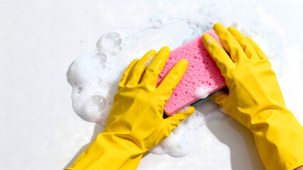 Hands in Yellow Rubber Gloves Wiping Surface with Sponge