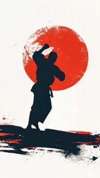 A man in a black karate uniform is kicking a red circle. The circle is in the background and is surrounded by a red and black background