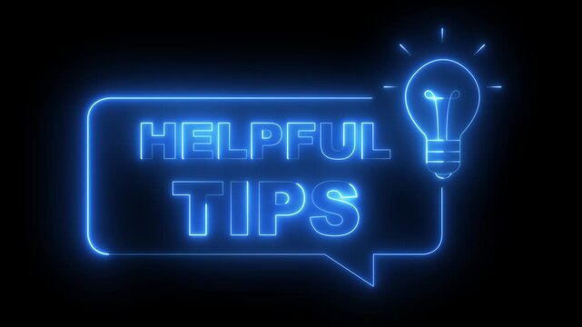 glowing neon helpful tips message bubble with light bulb icon animation on black background. Neon text helpful tips with light bulb and speech bubble. 4k video animation.