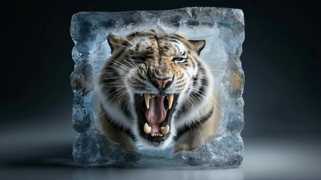 Fierce Tiger's Head Roaring Inside A Block Of Ice With Textured Frost And Bubbles Against A Dark Background