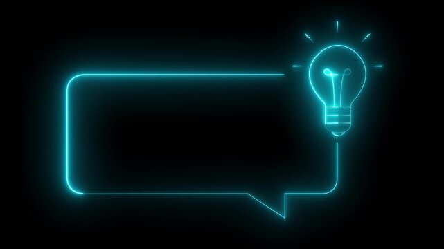 glowing neon message box with light bulb icon isolated on black background. light bulb icon connected to a speech bubble. Represents creative ideas, brainstorming and innovative communication.