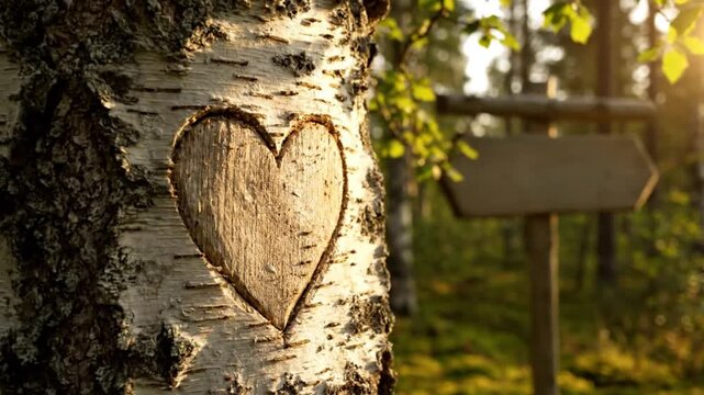 Heart carved in tree bark in a forest with a wooden signpost indicating a direction and sunlit background