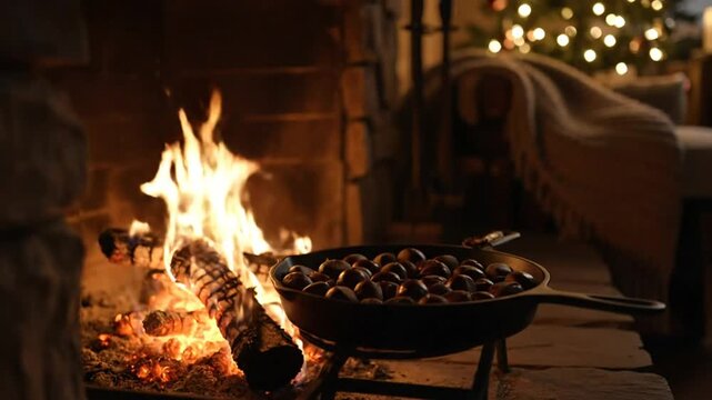 Cozy holiday scene of chestnuts roasting in a cast iron pan over a roaring fireplace with holiday lights.