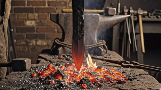 Blacksmith forges glowing blade in fiery furnace, sparks fly against the backdrop of a brick wall and anvil
