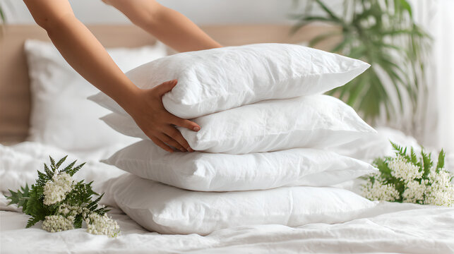 Faceless person hands carefully stacking fresh white soft cotton pillows on bed