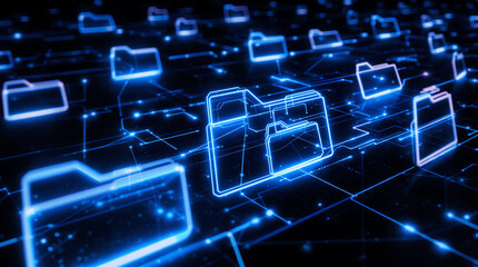 Obraz premium Digital glowing folders floating in a network grid represent data storage, file management, and cloud computing in a futuristic, high-tech environment