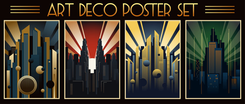 Art Deco Poster Set Retro Placards Style Illustrations. Futuristic City, Skyscrapers, Spotlights, Geometric Shapes. Vector Templates for Art Deco Placards, Covers, Illustrations