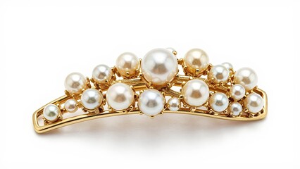 Luxurious golden hair ornament featuring an intricate cluster of sparkling pearls on a white background