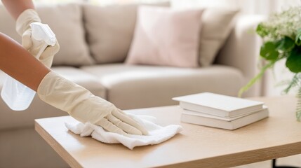 Obraz premium Woman cleaning wooden table with spray bottle and cloth, wearing gloves. Home hygiene, housework, disinfection concept. Domestic sanitation for clean house.