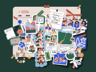 Obraz na płótnie Canvas Memory board on calendar. Happy life moments, vacation time photo, notes, pictures. Visual diary, holiday journal, travel memories, images, photographs and quotes saving. Flat vector illustration